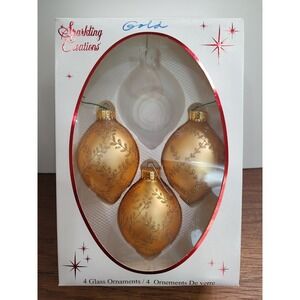 VTG Sparkling Creations Gold Glitter Leaf Blown Glass Christmas Ornaments 3 Ct